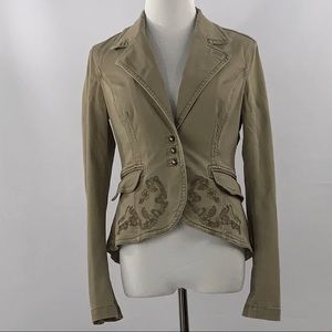 Embroidered Khaki Ruffled High-low Hem Blazer 38/S